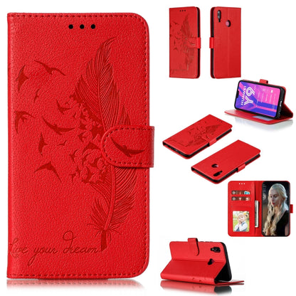 Red feather-pattern litchi-texture flip leather wallet case with card slots