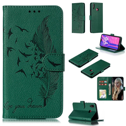 Green litchi-texture leather flip phone wallet case with feather pattern and card slots