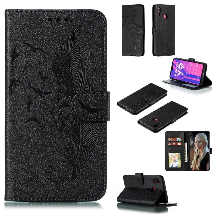 Black litchi-texture leather flip phone wallet case with feather pattern and card slots