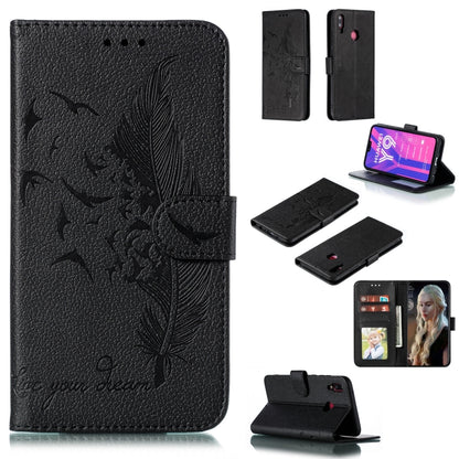 Black litchi-texture leather flip phone wallet case with feather pattern and card slots