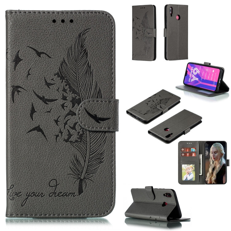 Gray litchi-texture leather flip phone wallet case with feather pattern and card slots