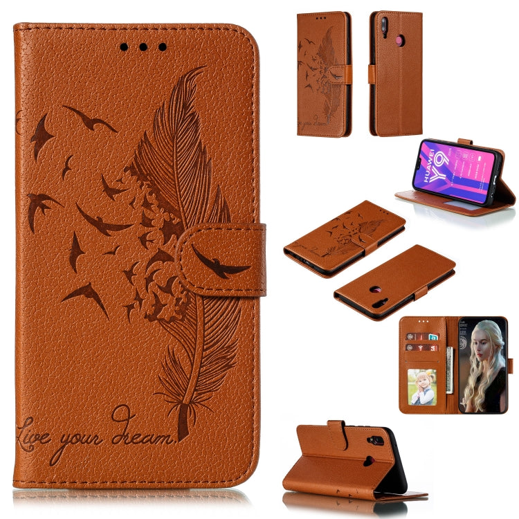 Brown litchi-texture leather flip phone wallet case with feather pattern and card slots