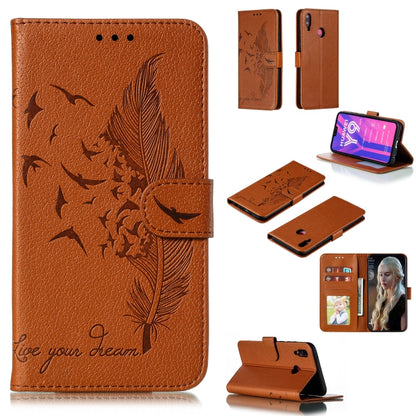 Brown litchi-texture leather flip phone wallet case with feather pattern and card slots