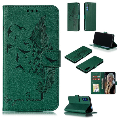 Green litchi-texture leather flip phone wallet case with feather pattern and card slots