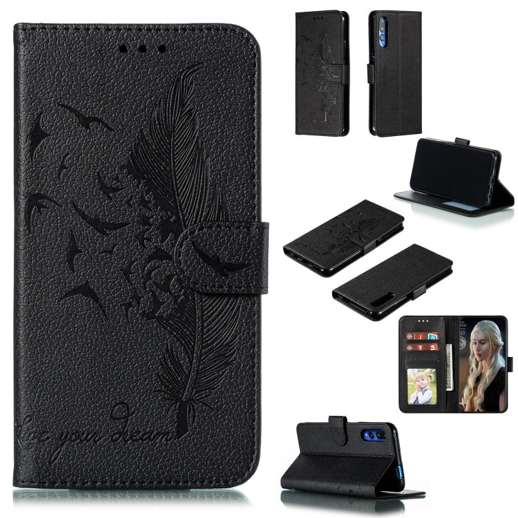 Black litchi-texture leather flip phone wallet case with feather pattern and card slots