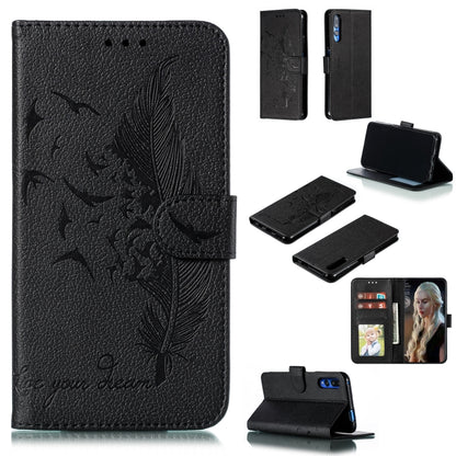 Black litchi-texture leather flip phone wallet case with feather pattern and card slots