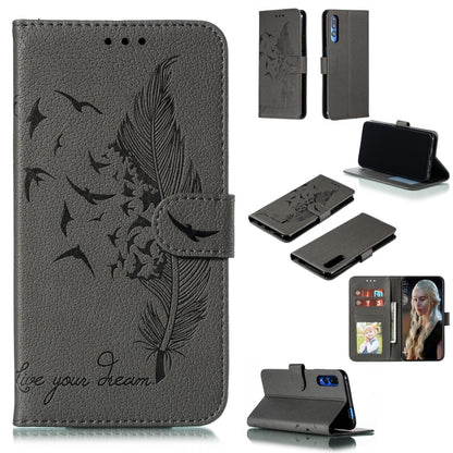 Gray litchi-texture leather flip phone wallet case with feather pattern and card slots
