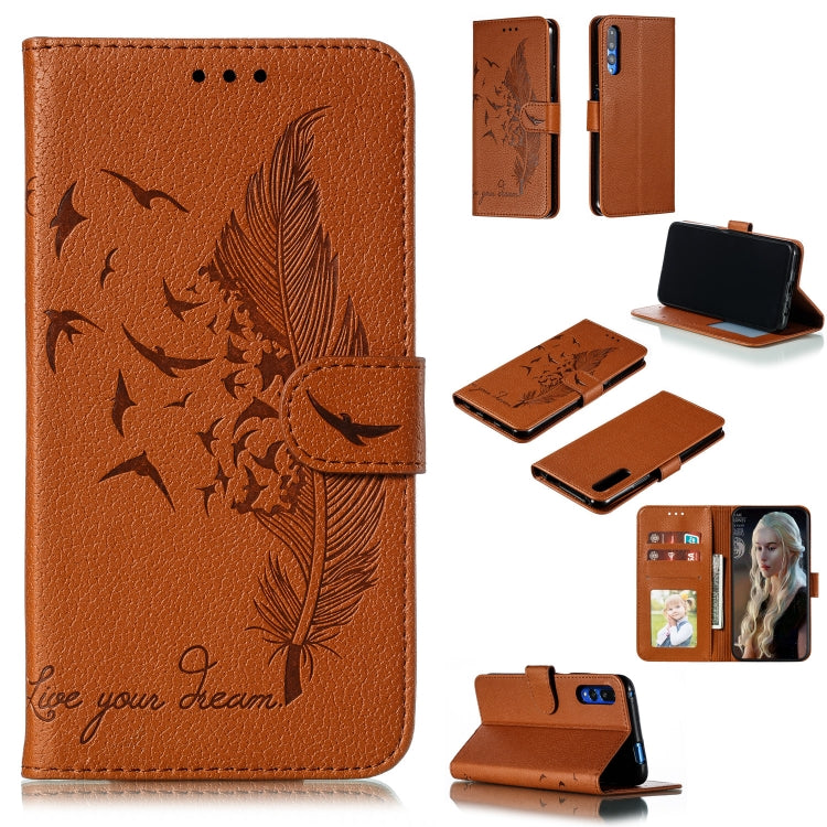 Brown litchi-texture leather flip phone wallet case with feather pattern and card slots