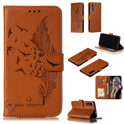 Brown litchi-texture leather flip phone wallet case with feather pattern and card slots