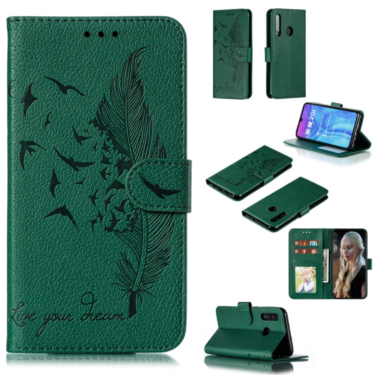 Green leather phone wallet case with feather-pattern flip cover and card slots