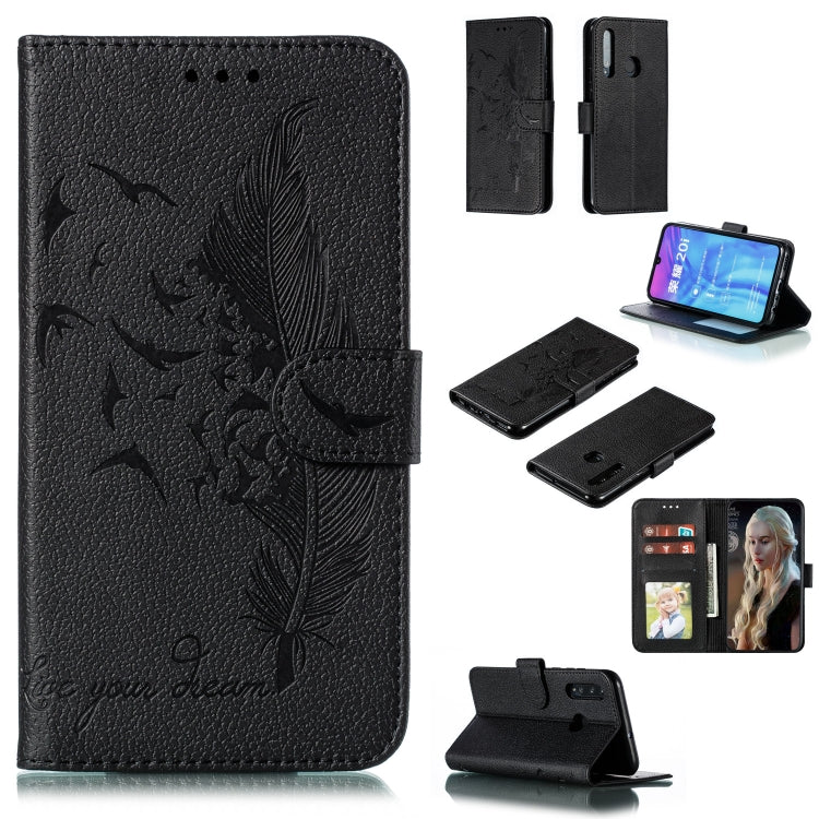 Black leather phone wallet case with feather-pattern flip cover and card slots