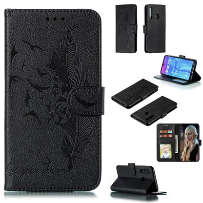 Black leather phone wallet case with feather-pattern flip cover and card slots