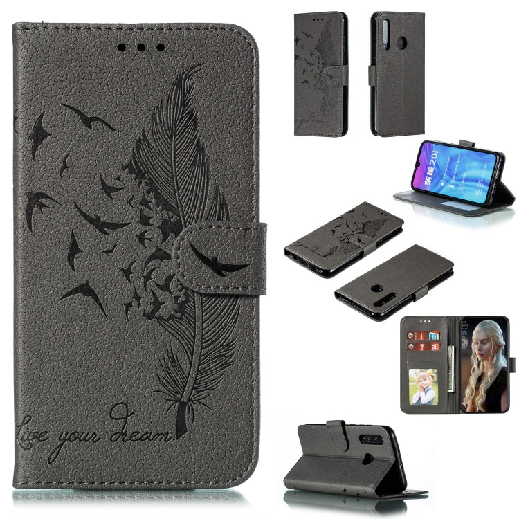Gray leather phone wallet case with feather-pattern flip cover and card slots