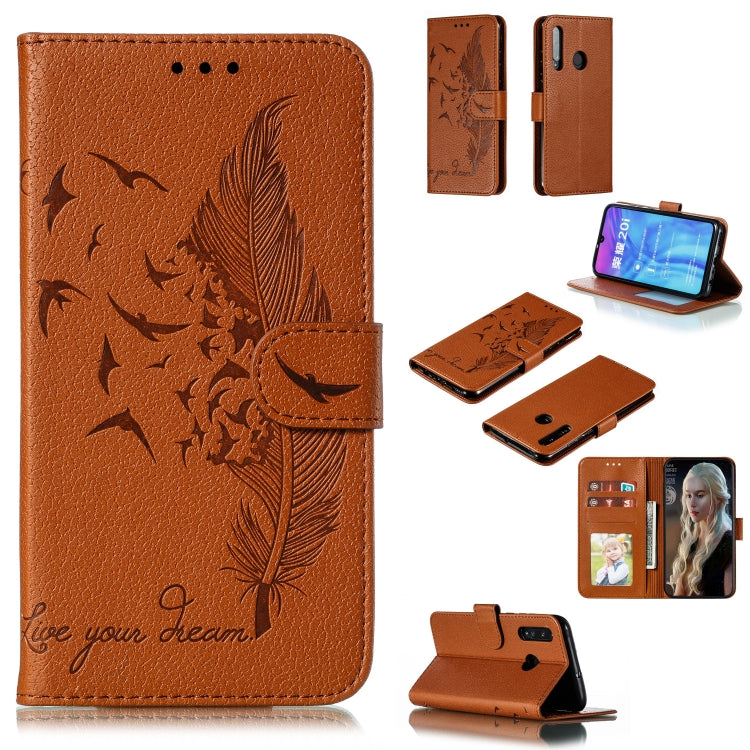 Brown leather phone wallet case with feather-pattern flip cover and card slots