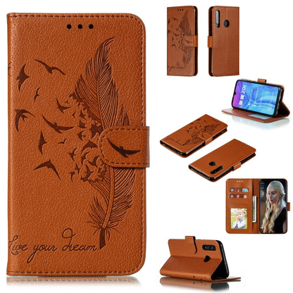 Brown leather phone wallet case with feather-pattern flip cover and card slots