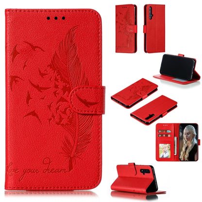 Red leather phone wallet case with feather-pattern flip cover and card slots