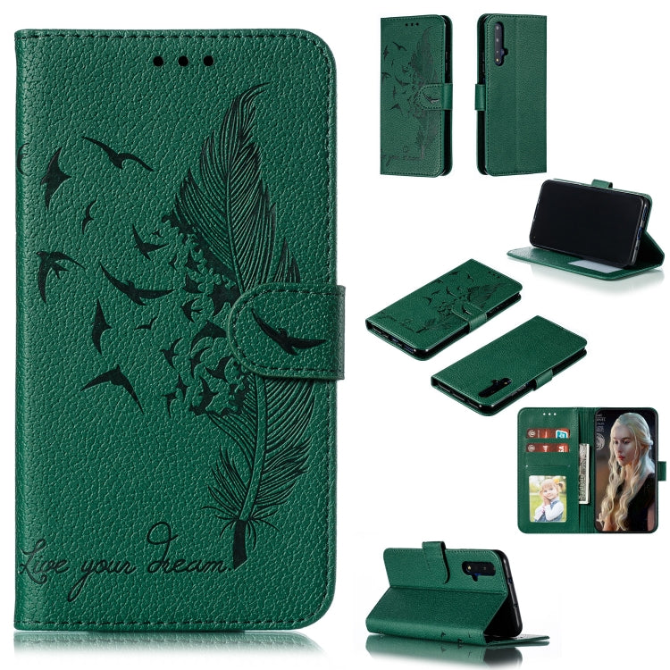 Green feather-motif flip phone wallet case with card slots and holder