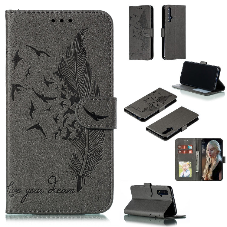 Gray feather-motif flip phone wallet case with card slots and holder