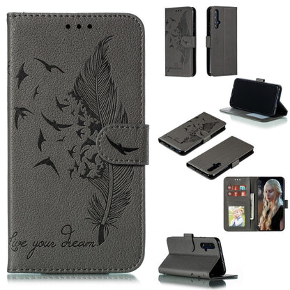 Gray feather-motif flip phone wallet case with card slots and holder