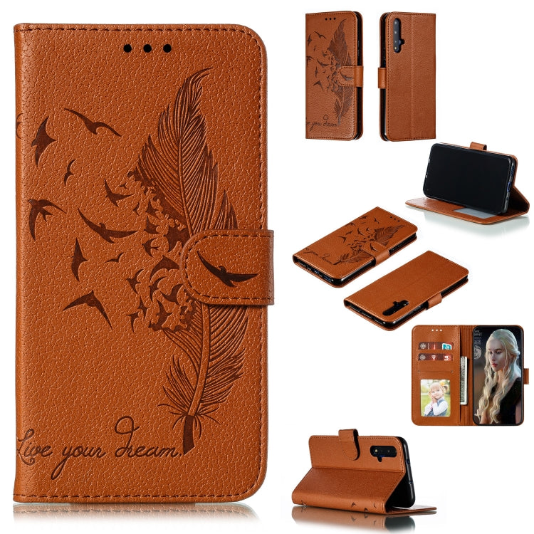 Brown feather-motif flip phone wallet case with card slots and holder