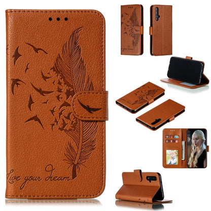 Brown feather-motif flip phone wallet case with card slots and holder