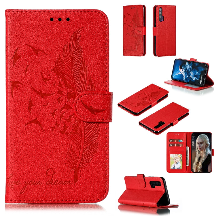 Red feather-motif flip phone wallet case with card slots and holder