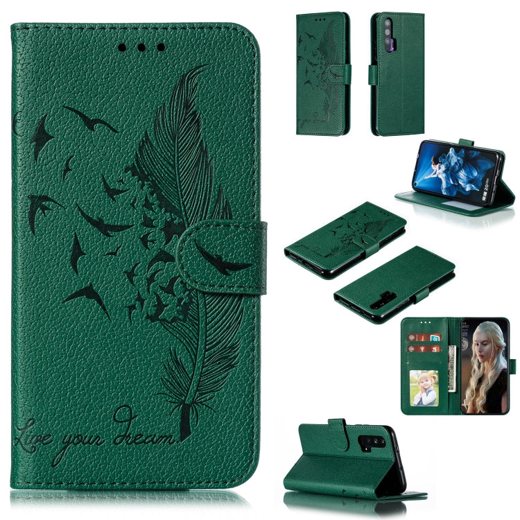 Green feather-pattern flip leather phone case with wallet and card slots
