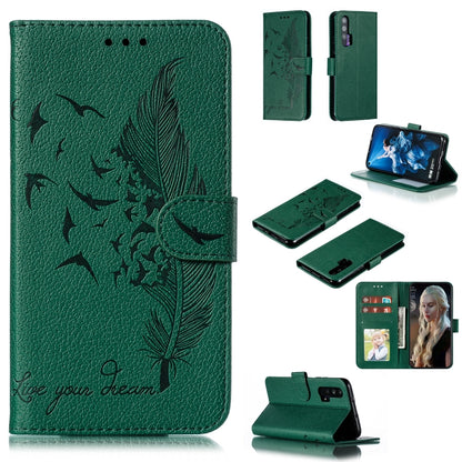 Green feather-pattern flip leather phone case with wallet and card slots