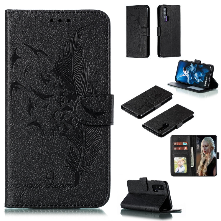 Black feather-pattern flip leather phone case with wallet and card slots