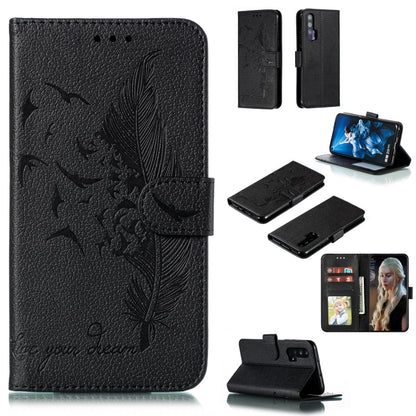 Black feather-pattern flip leather phone case with wallet and card slots