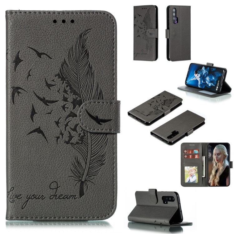 Gray feather-pattern flip leather phone case with wallet and card slots