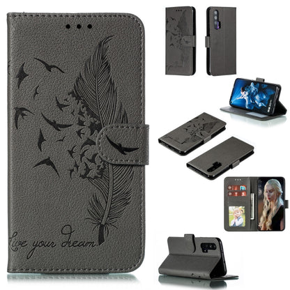 Gray feather-pattern flip leather phone case with wallet and card slots