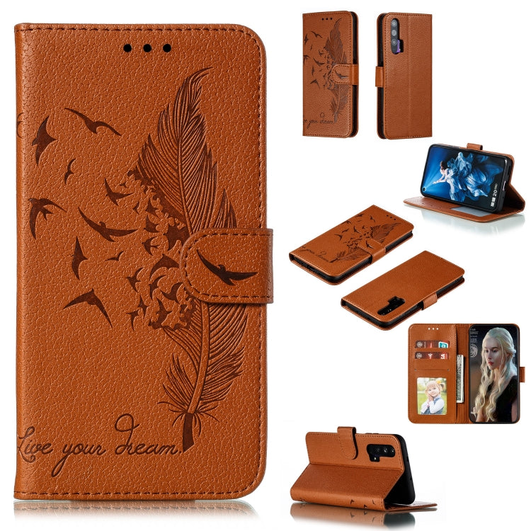 Rust brown feather-pattern flip leather phone case with wallet and card slots
