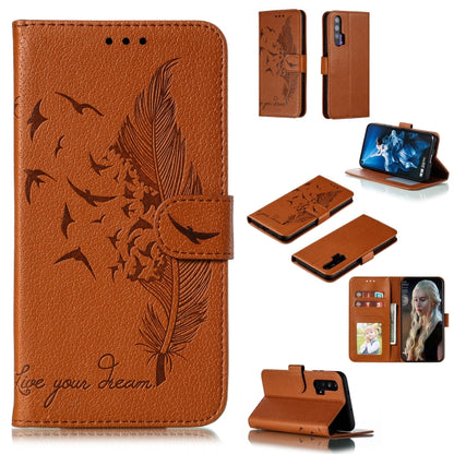 Rust brown feather-pattern flip leather phone case with wallet and card slots