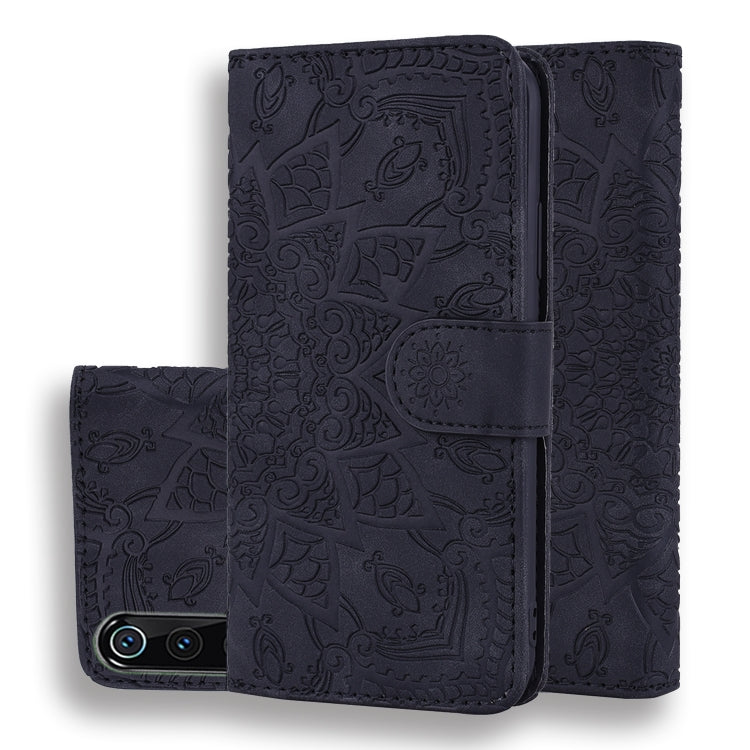 Embossed leather wallet phone case with flip cover, dark navy, card holder strap