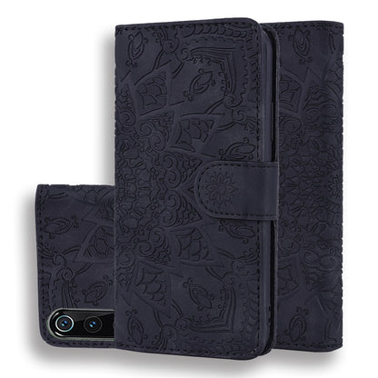 Embossed leather wallet phone case with flip cover, dark navy, card holder strap