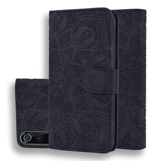 Embossed leather wallet phone case with flip cover, dark navy, card holder strap