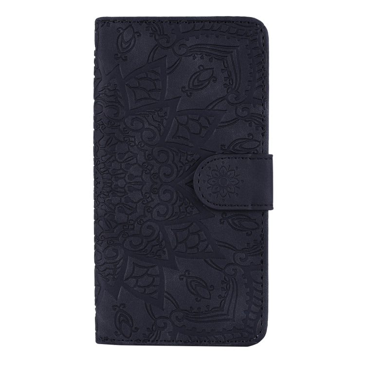 Embossed leather wallet phone case, dark navy flip cover with magnetic clasp