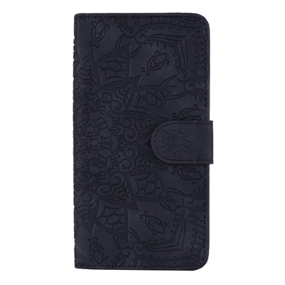 Embossed leather wallet phone case, dark navy flip cover with magnetic clasp
