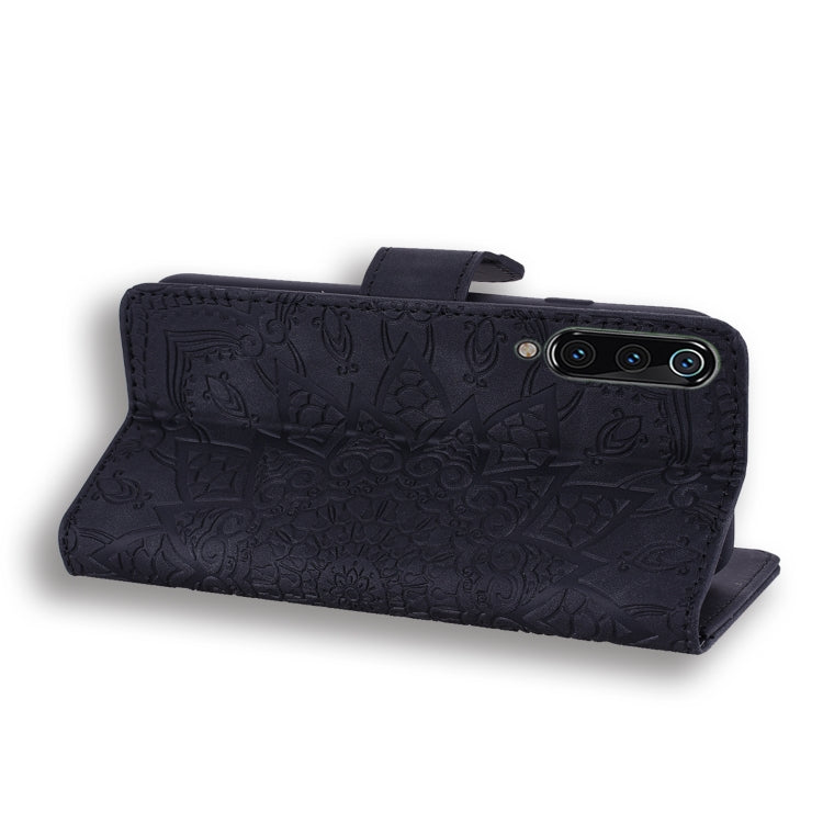 Embossed leather wallet phone case, dark navy flip design with side strap