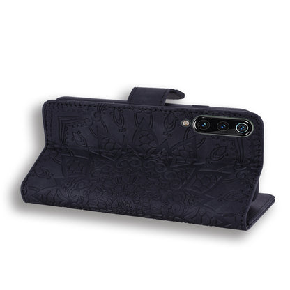 Embossed leather wallet phone case, dark navy flip design with side strap