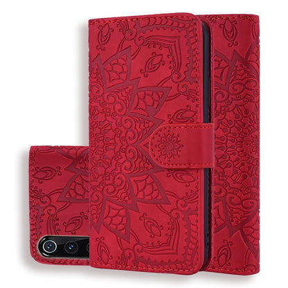 Embossed leather wallet phone case, red flip cover with textured pattern and camera cutouts