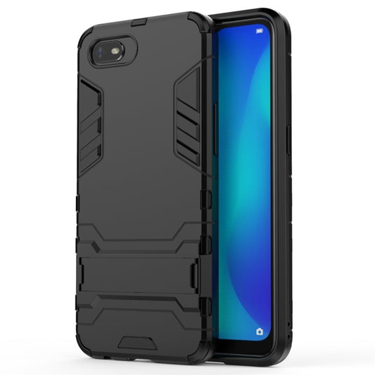 Rugged black shockproof phone case with built-in holder, raised corners, TPU+PC