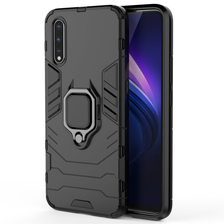 Black shockproof phone case with magnetic ring holder and camera protection