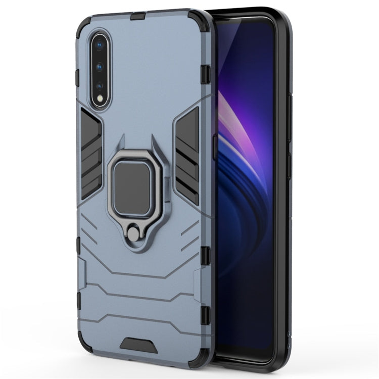 Navy blue shockproof phone case with magnetic ring holder and raised camera bezel