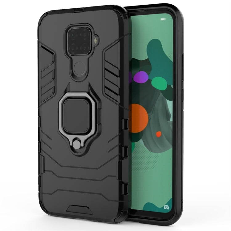 Black protective phone case with magnetic ring holder and rugged raised corner design