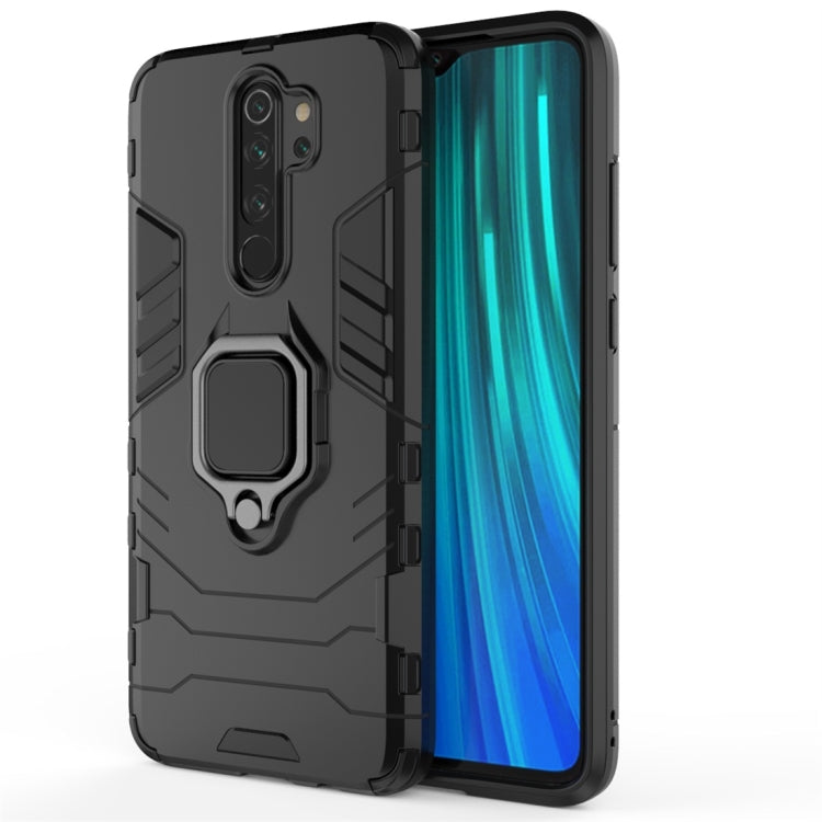 Rugged shockproof phone case in dark gray/black with ring grip and raised edges