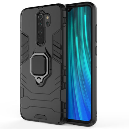 Rugged shockproof phone case in dark gray/black with ring grip and raised edges