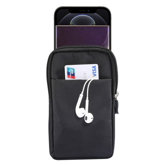 Black phone waist pack with front zipper and inner card holder, phone and cards inside