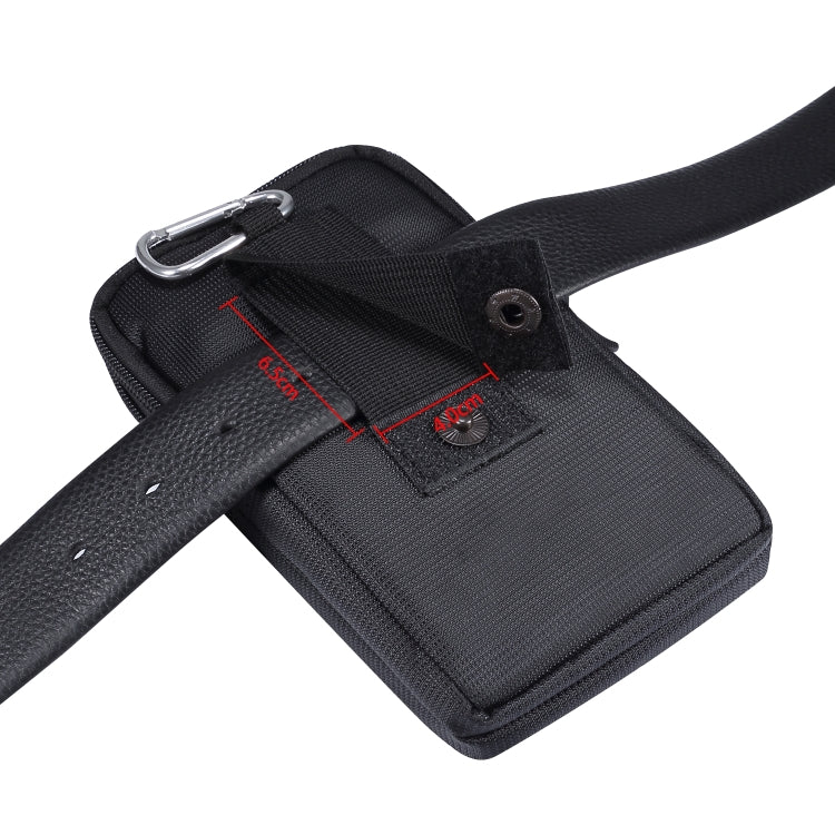 Black phone waist pack close-up with adjustable strap and carabiner ring